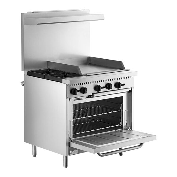 A stainless steel Main Street Equipment range with two burners, a griddle, and a standard oven.