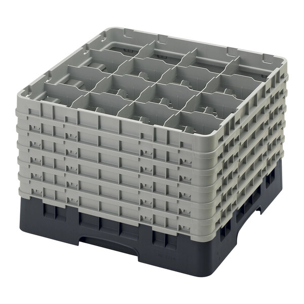 A black plastic Cambro glass rack with extenders.