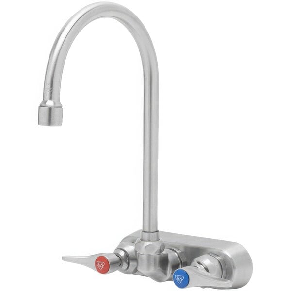 A silver Eversteel wall mount faucet with two knobs.