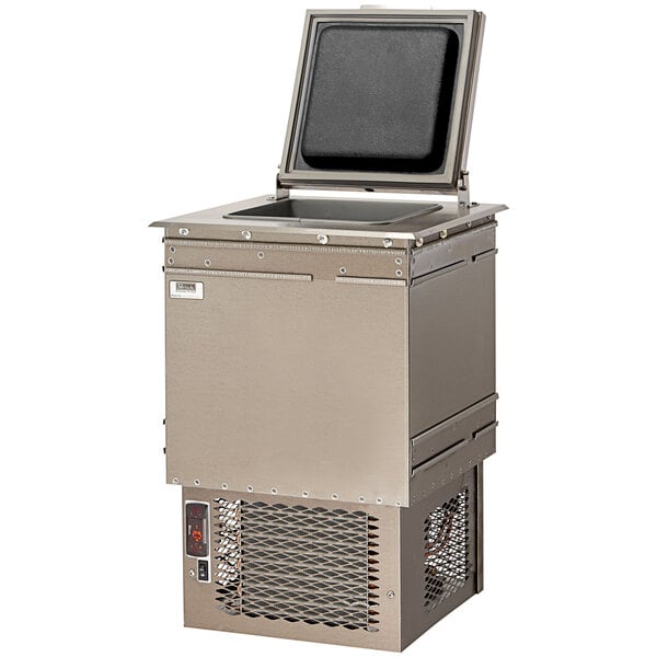 A stainless steel Perlick drop-in ice cream freezer with a hinged lid.