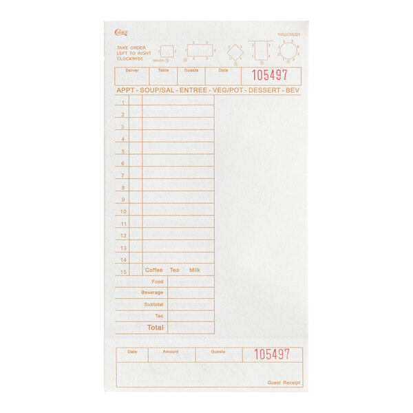 A tan and white restaurant guest check pad with note space, beverage lines, and a detachable bottom guest receipt.