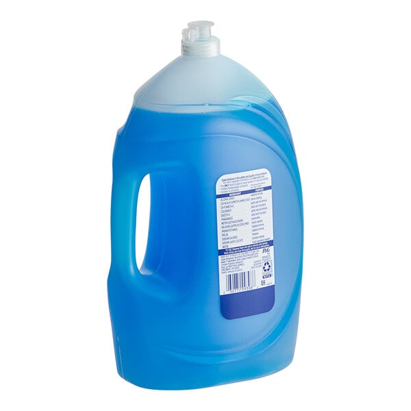 A jug of blue Dawn Ultra dish soap with a blue and white label.