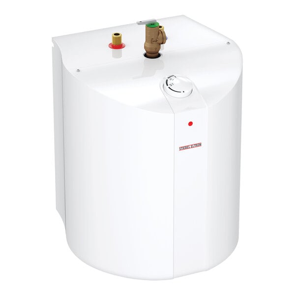A white Stiebel Eltron 6-gallon mini-tank electric water heater with a top-mounted temperature control and inlet/outlet connections.