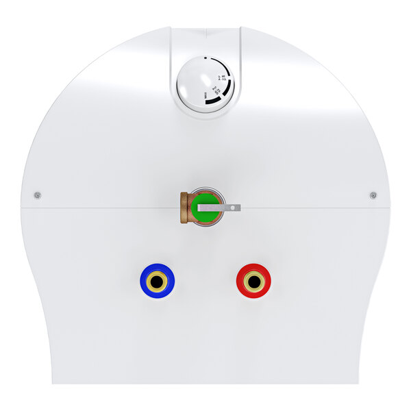 A white mini-tank electric water heater with a temperature control dial and blue and red inlet/outlet connections.