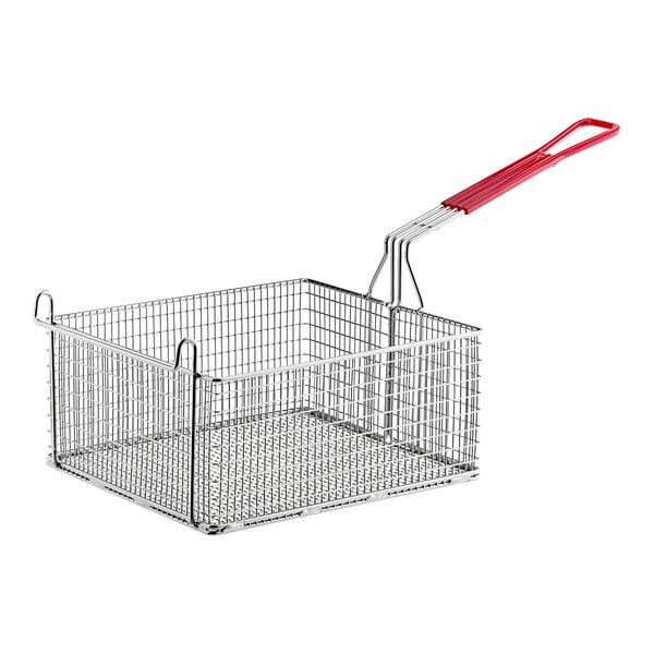 A Henny Penny wire basket with a red coated handle.