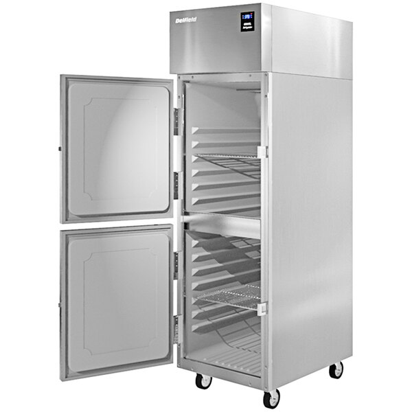 A silver Delfield reach-in freezer with a half door open.