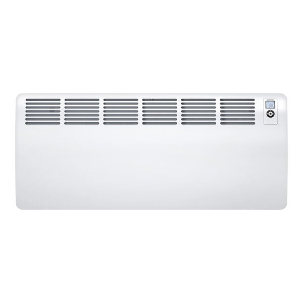 A white rectangular Stiebel Eltron wall-mounted convection heater with vents.