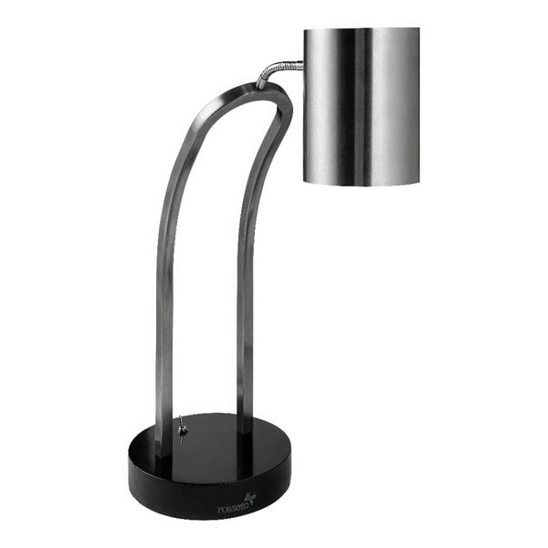 A silver Rosseto countertop heat lamp with a metal arm and cylinder shade.