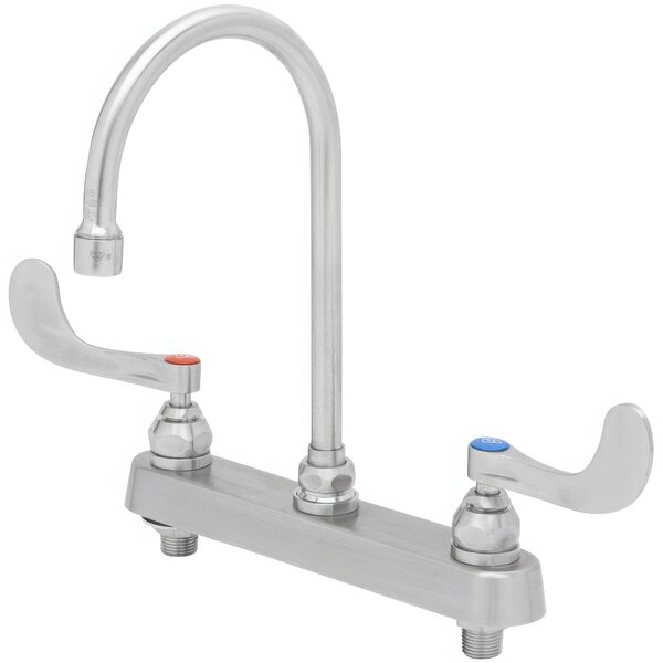 A silver Eversteel deck-mount workboard faucet with two handles.