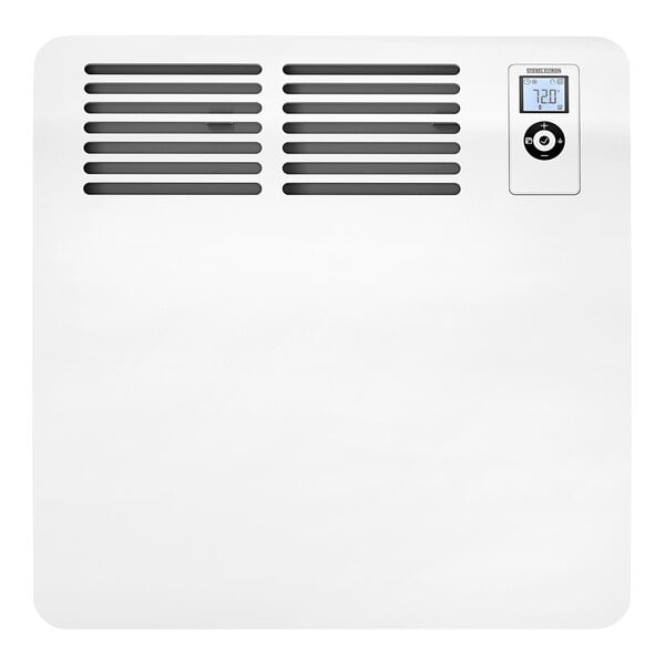 A white Stiebel Eltron wall-mounted convection heater with a black vent.