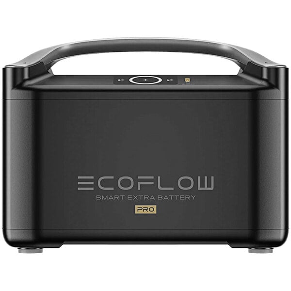 An EcoFlow RIVER Pro extra battery with a black rectangular design and handle.