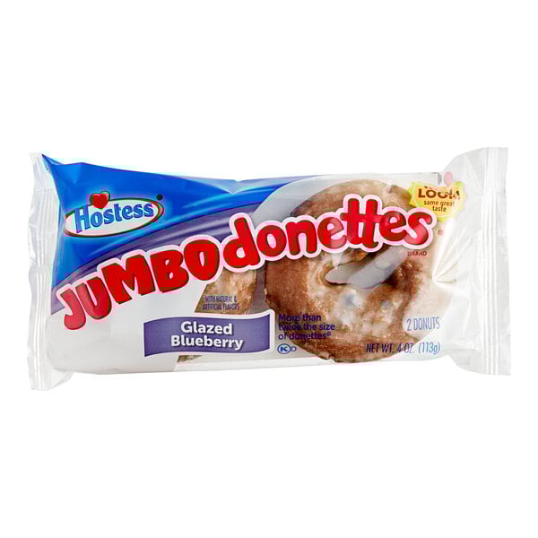 A white and blue bag of Hostess Glazed Blueberry Jumbo Donuts.
