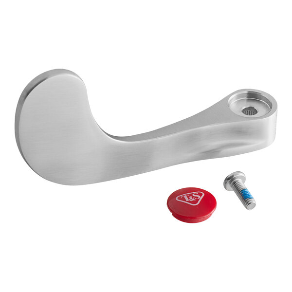 A stainless steel Eversteel wrist action handle with a red index and screw.