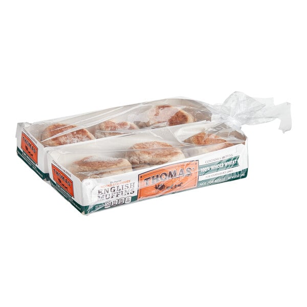 A case of Thomas' Whole Wheat English Muffins in plastic wrap.