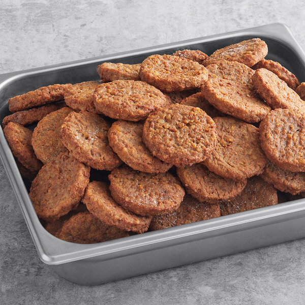 A tray of MorningStar Farms Vegetarian Sausage Patties on a table.