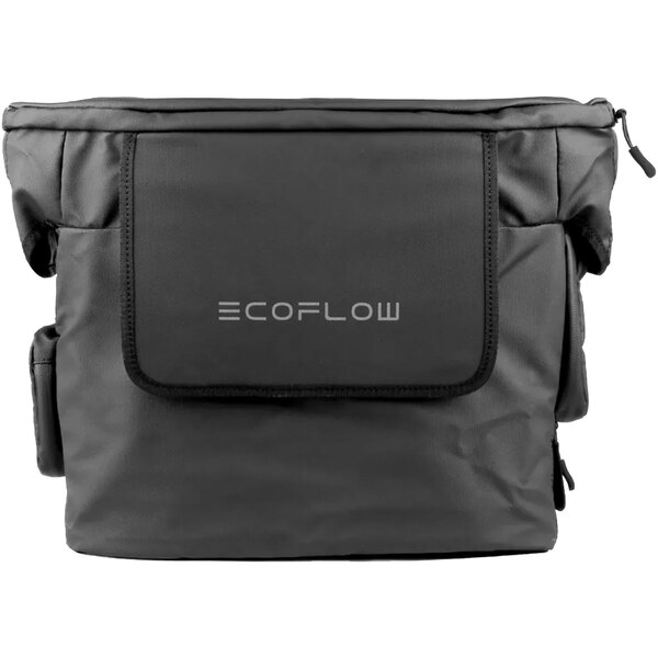 A black EcoFlow DELTA 2 waterproof bag with a white zipper.