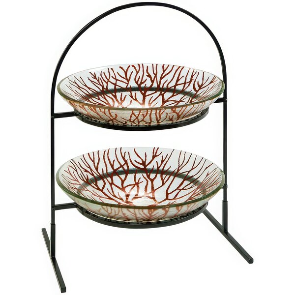 A Rosseto Kalderon 2 level metal display stand holding round glass bowls with red designs.