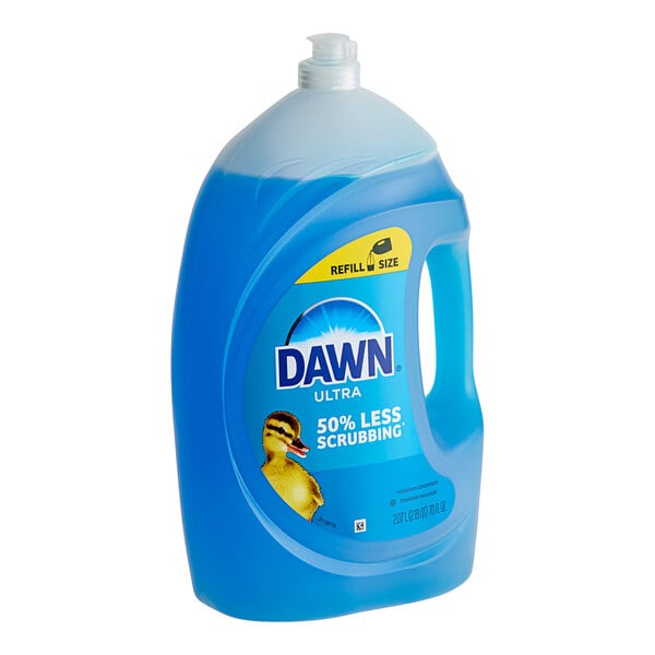 A blue plastic container of Dawn Ultra Original dish soap with a blue liquid inside.