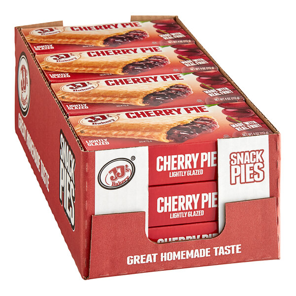 A close up of a box of JJ's Bakery Cherry Pie Turnovers.