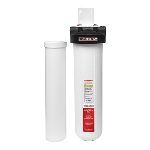 A white rectangular Stiebel Eltron water conditioner with a black handle and holes.