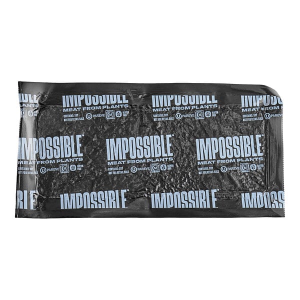 A black package of Impossible Foods Plant-Based Vegan Ground Meat with white text on it.