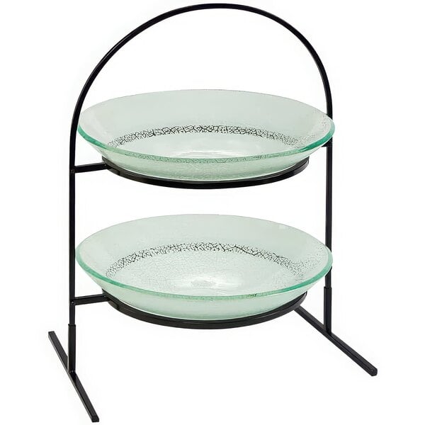 A Rosseto Kalderon Radici 2 Level Round Display Stand with 14" Round White Glass Bowls holding white glass bowls on a stand.