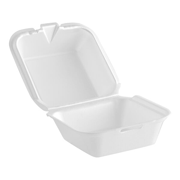A white Genpak foam container with a hinged lid.