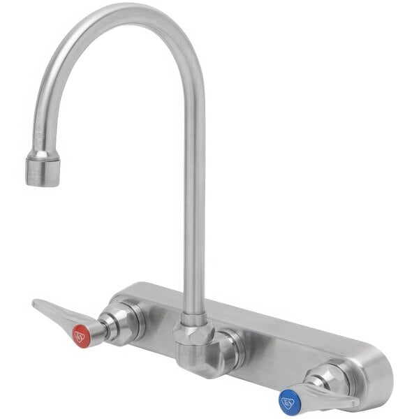 An Eversteel stainless steel wall mount mixing faucet with swivel gooseneck spout and red and blue knobs.