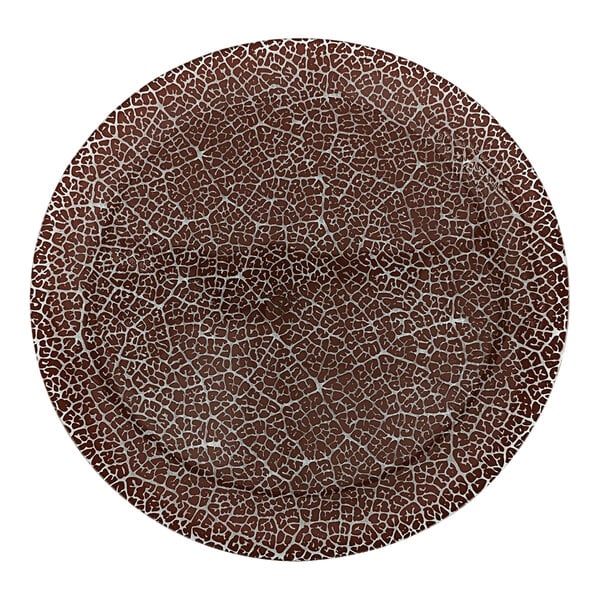 A red glass platter with a crack pattern on a brown and white background.