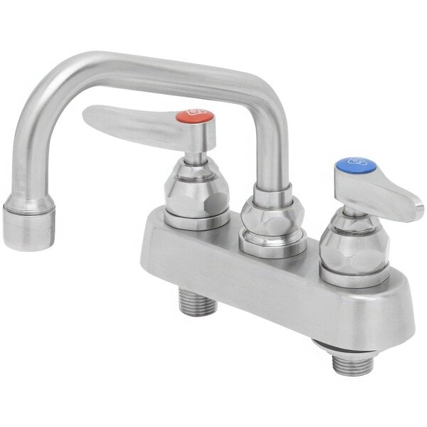 A silver stainless steel Eversteel deck mount workboard faucet with two handles.