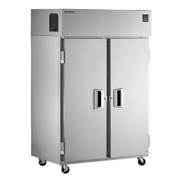 A stainless steel Delfield reach-in freezer with two doors.