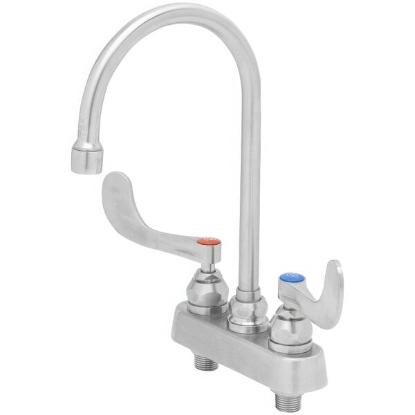 A silver stainless steel Eversteel deck-mount kitchen faucet with two wrist action handles.