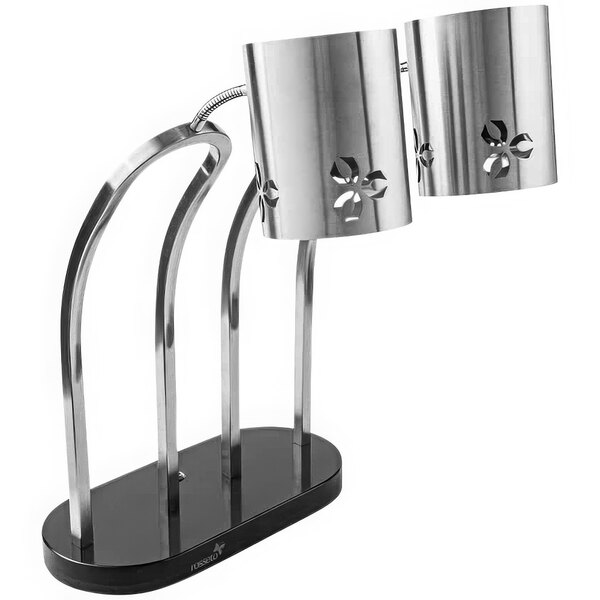 A stainless steel Rosseto double arm heat lamp on a countertop.