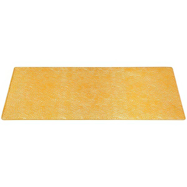 A yellow rectangular glass shelf on a white background.