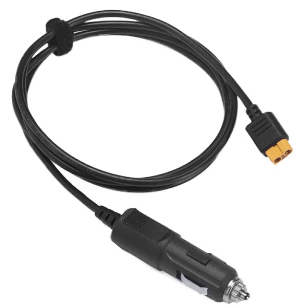 A black car charging cable with a yellow connector and silver metal end.