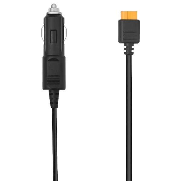 A black car charging cable with orange accents and a round connector.