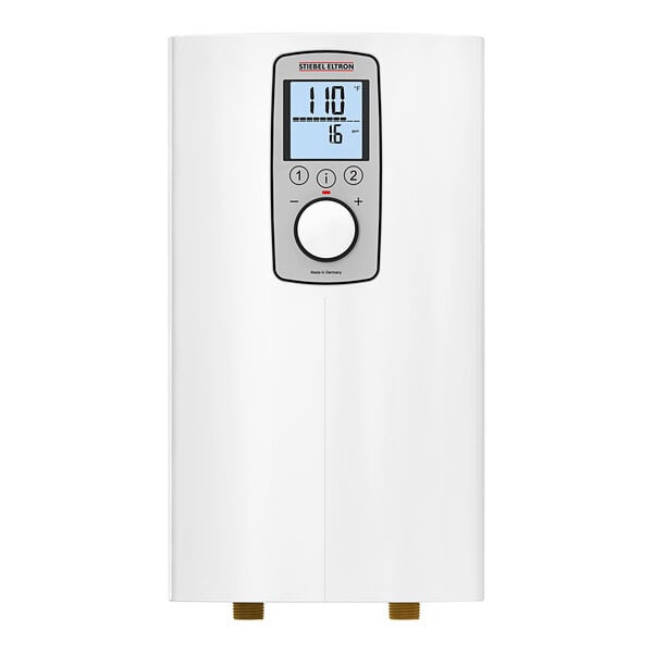 A white rectangular Stiebel Eltron tankless electric water heater with buttons and a screen.