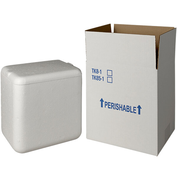 A white insulated shipping box with blue writing on it.
