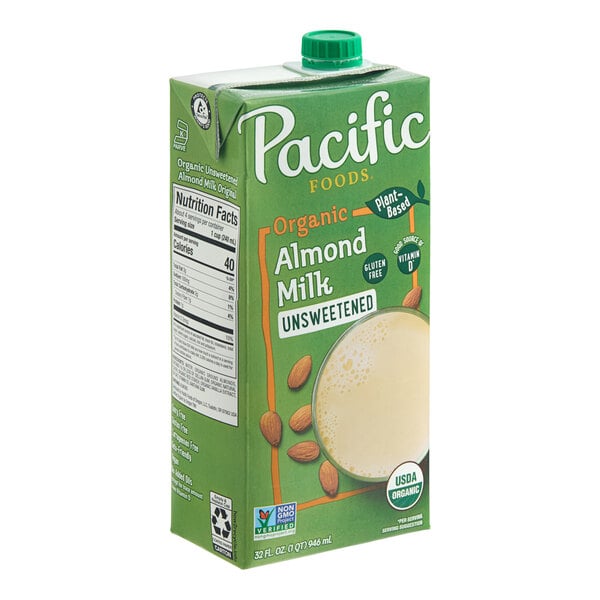 A 32 fl. oz. carton of Pacific Foods Organic Unsweetened Almond Milk.