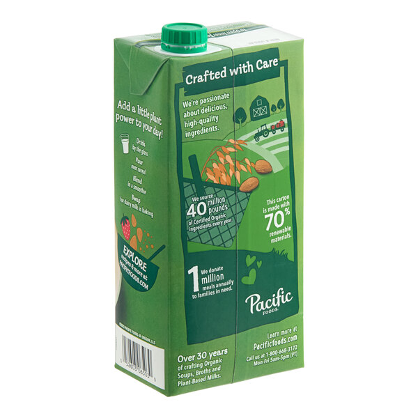 A 32 fl. oz. carton of Pacific Foods Organic Unsweetened Almond Milk.