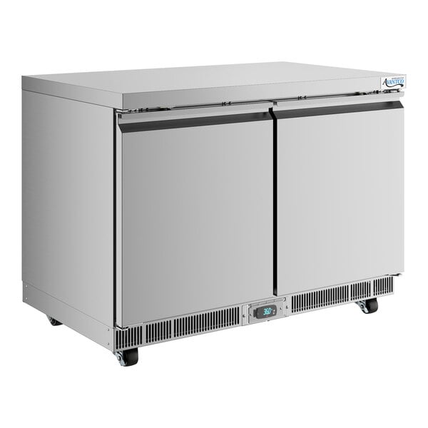 A stainless steel, two-door undercounter refrigerator with a digital temperature display.
