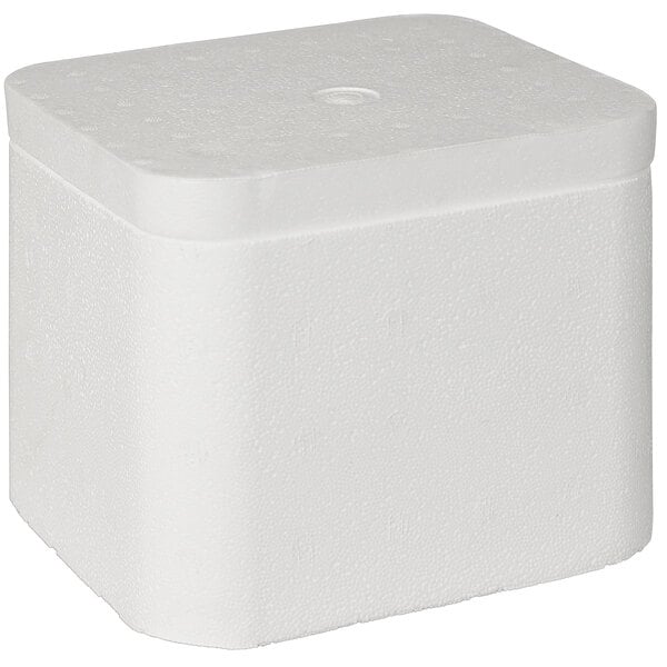 A white foam cooler with a lid.