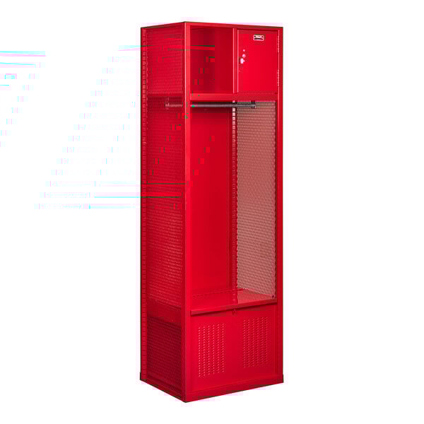 A red metal Hallowell sports locker with a door.