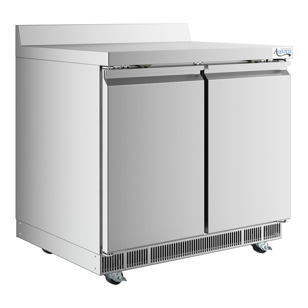 An Avantco stainless steel worktop refrigerator with two doors.
