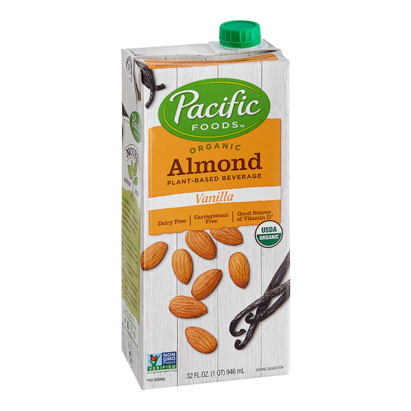 A carton of Pacific Foods Organic Vanilla Almond Milk on a white surface.