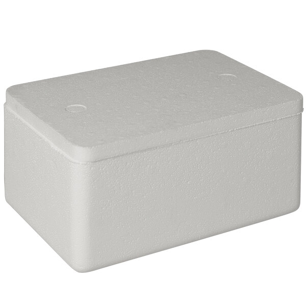 A white styrofoam cooler with a lid.