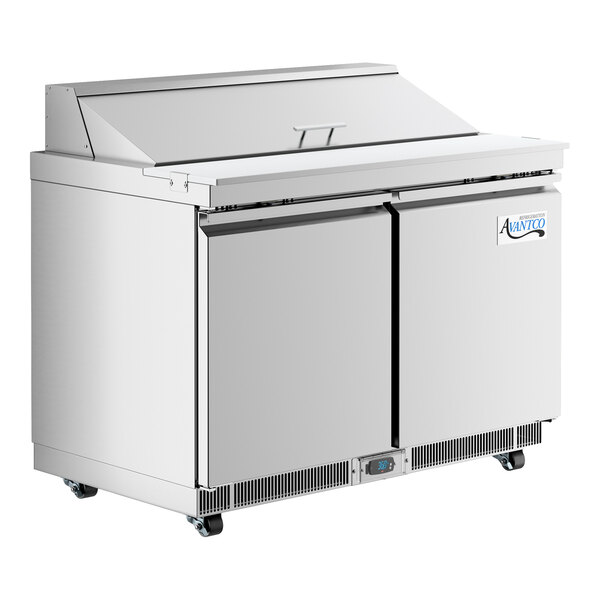 An Avantco stainless steel refrigerated sandwich prep table with two doors.