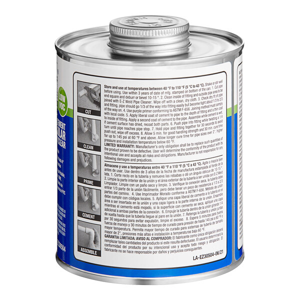 A close up of a 32 oz. clear can of E-Z Weld PVC Cement with text and images.