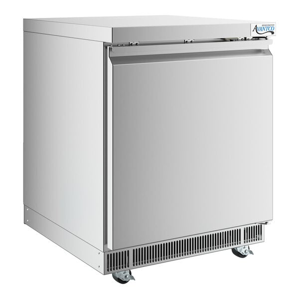 A stainless steel undercounter freezer with a solid door and front ventilation, mounted on casters.