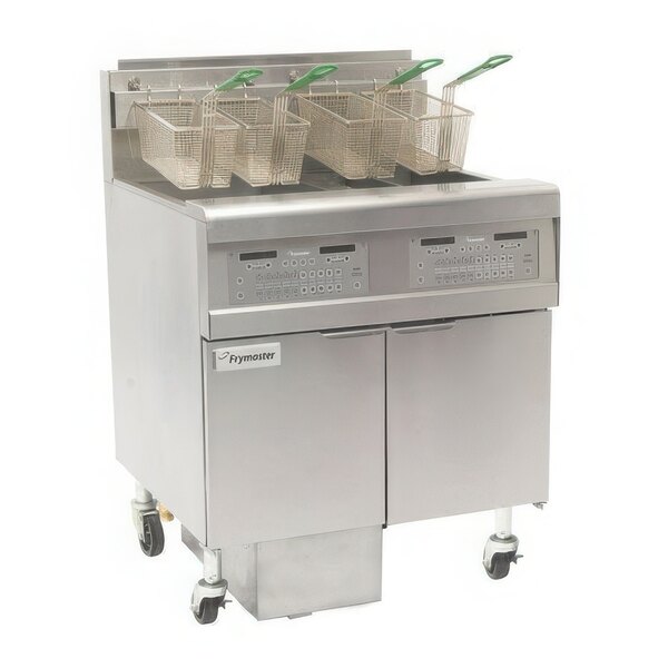 A Frymaster liquid propane gas floor fryer with full left frypot and right split pot.
